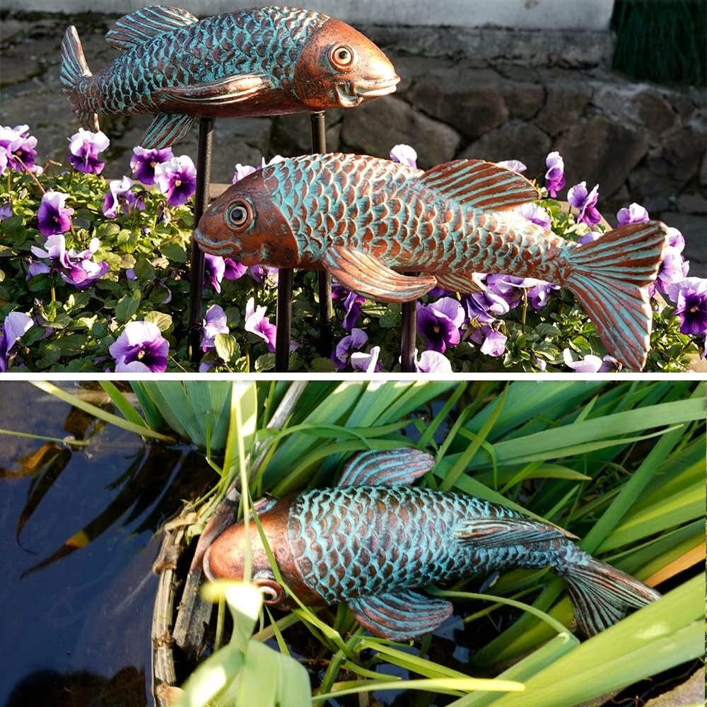 Unique Antique Koi Fish Garden Statues with 2 Iron Poles - Indoor & Outdoor