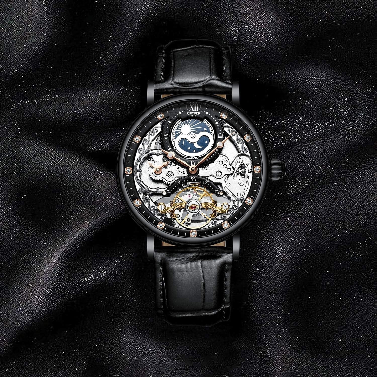 Men's Luxury Skeleton Automatic Watch with Luminous Hands & Moon Phase – Elegant