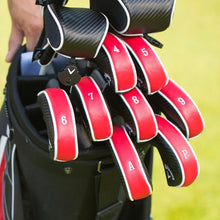 Load image into Gallery viewer, Durable Red-Black Faux Leather Golf Iron Covers - 9 Stylish Club Protectors