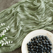 Load image into Gallery viewer, Sage Green Cheesecloth Table Runner 10ft for Elegant Weddings &amp; Celebrations