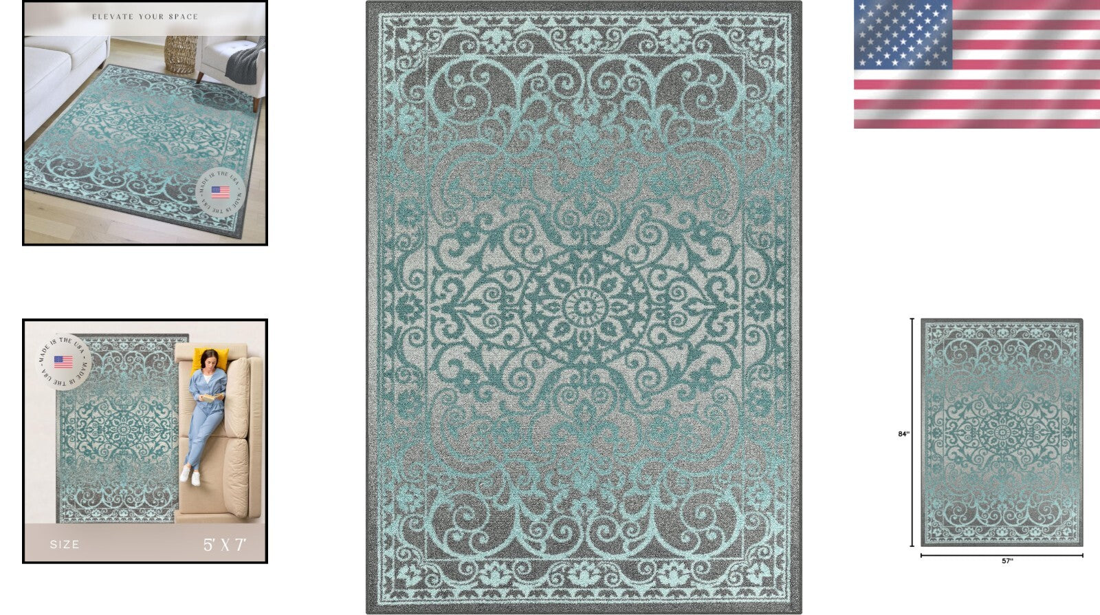 Stain-Resistant Blue/Grey Rug 5'x7' - Non-Slip & Stylish for Indoor Spaces