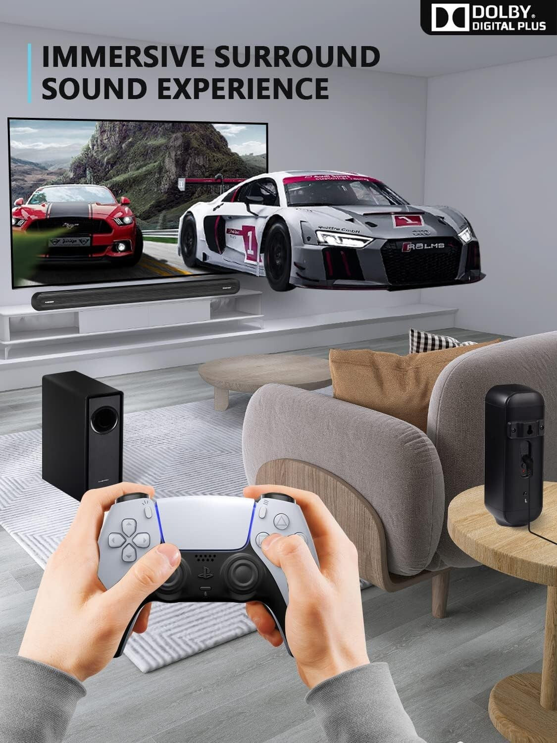 Dolby Surround Sound System with Wireless Subwoofer & Multi-Device Support