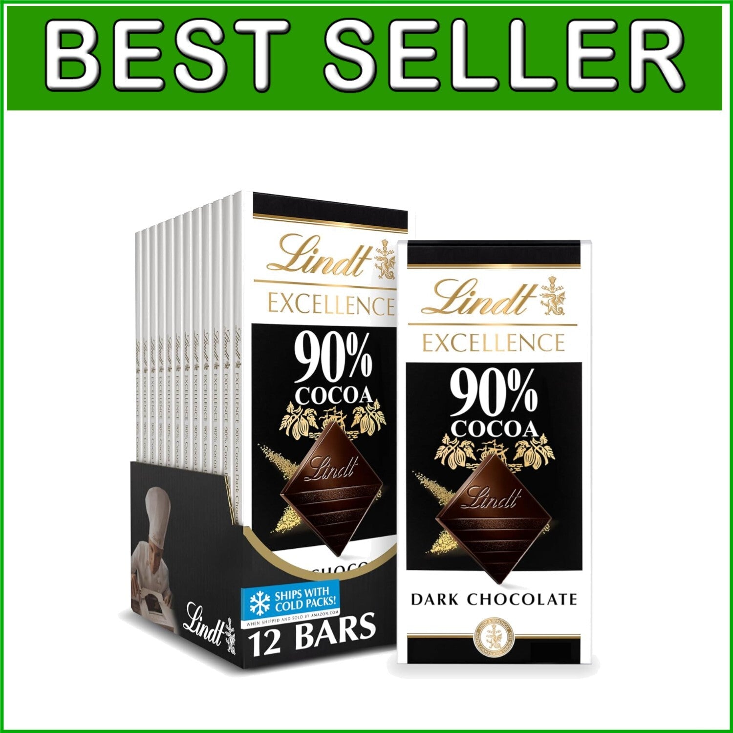 EXCELLENCE 90% Cocoa Dark Chocolate – Perfect for Pairing or Baking, 12 Bars