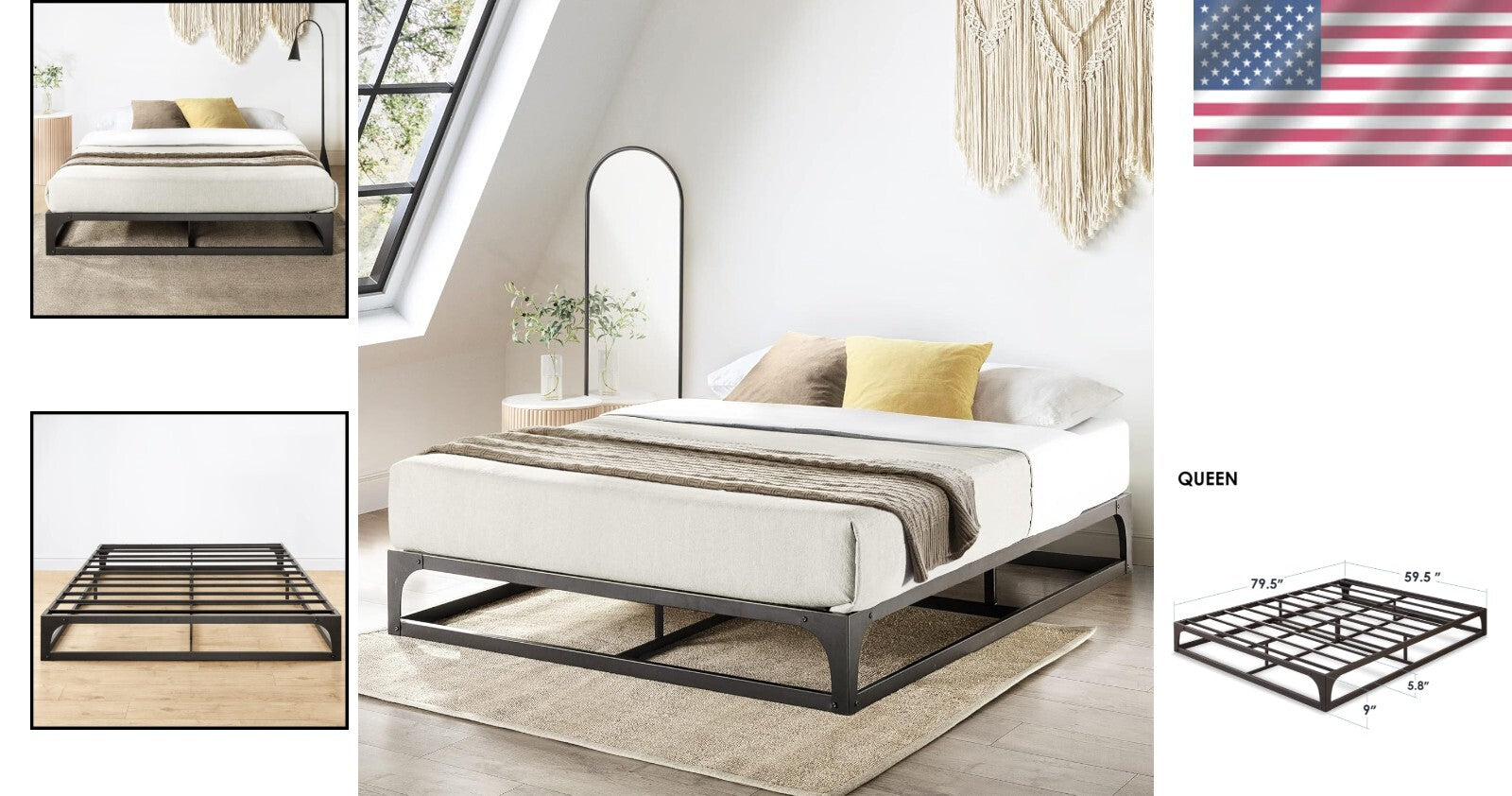 Queen Metal Platform Bed Frame with Integrated Steel Slat Support - Black Finish