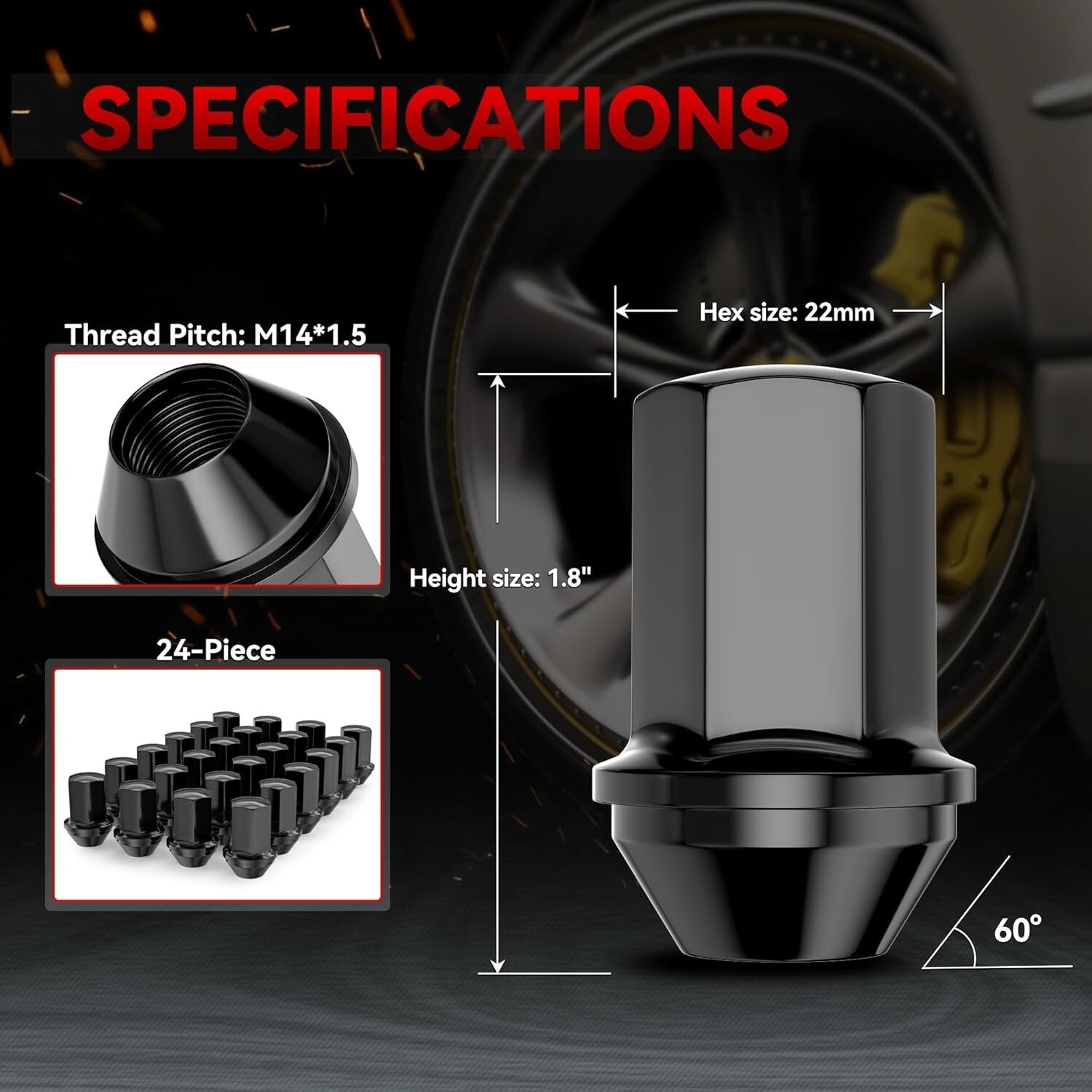 1.8" Height Acorn Seat Wheel Lug Nuts - 24pcs Black Finish for Silverado & More