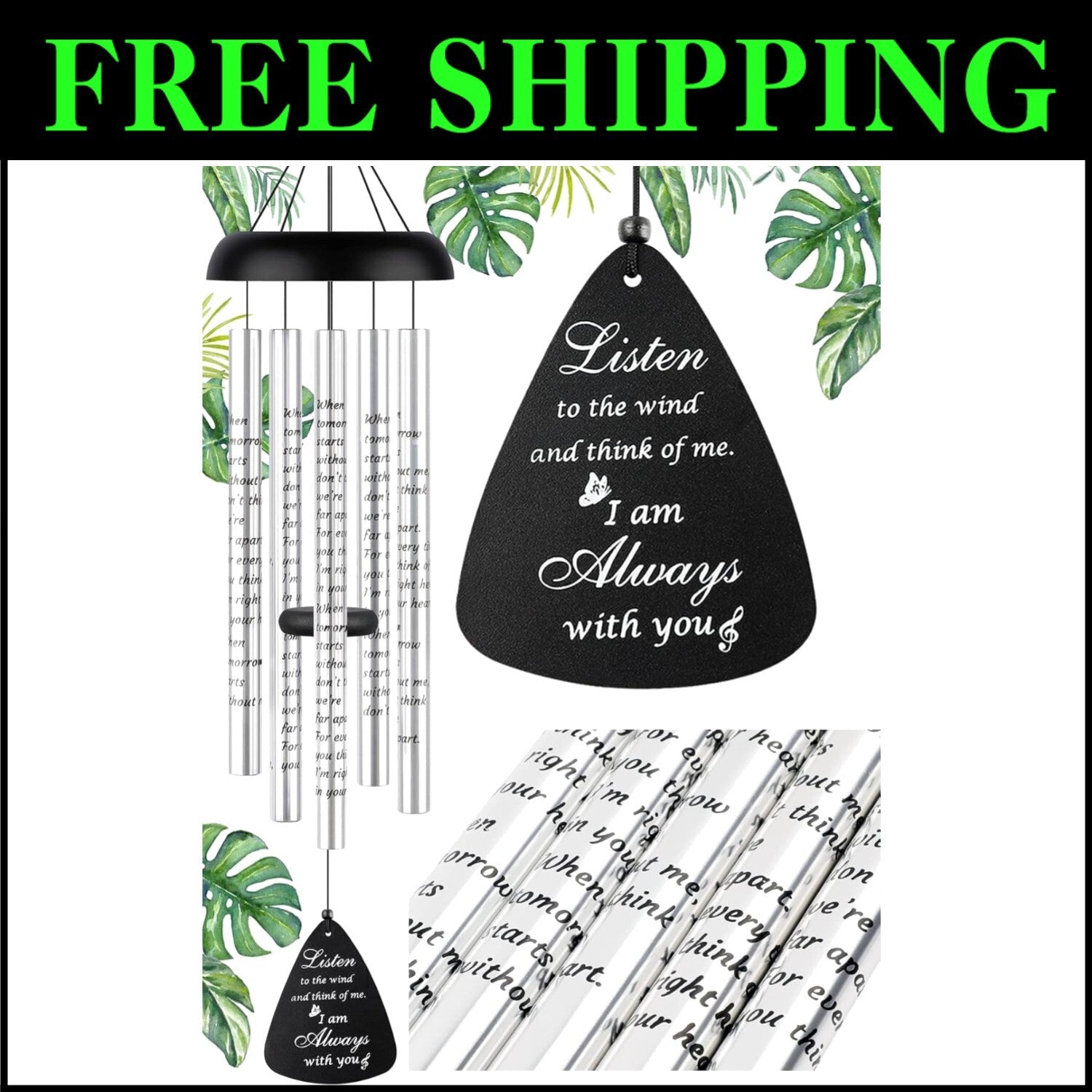 Deep Tone 36'' Sympathy Wind Chimes with Touching Poem - Lasting Memorial Gift