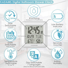 Load image into Gallery viewer, Multi-Language Waterproof Shower Clock with Temp, Humidity &amp; Flexible Mounting