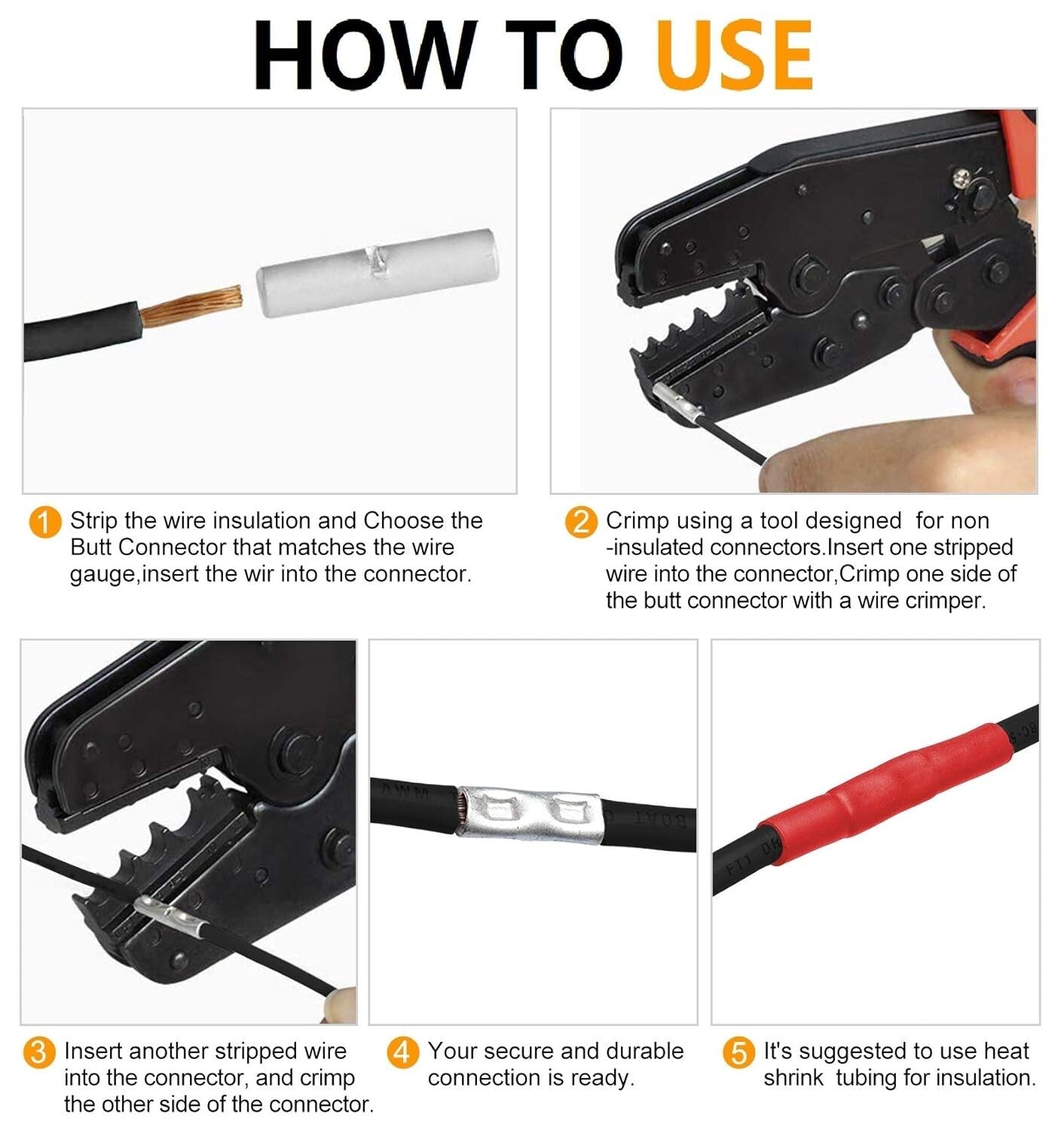 500 PCS Non-Insulated Butt Connectors - Marine Grade Tinned Copper 6-26 AWG