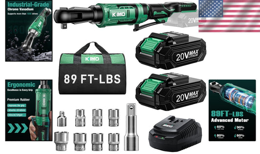 Versatile Cordless Ratchet Wrench 3/8" with Extension & Adapters - KIMO 20V Set