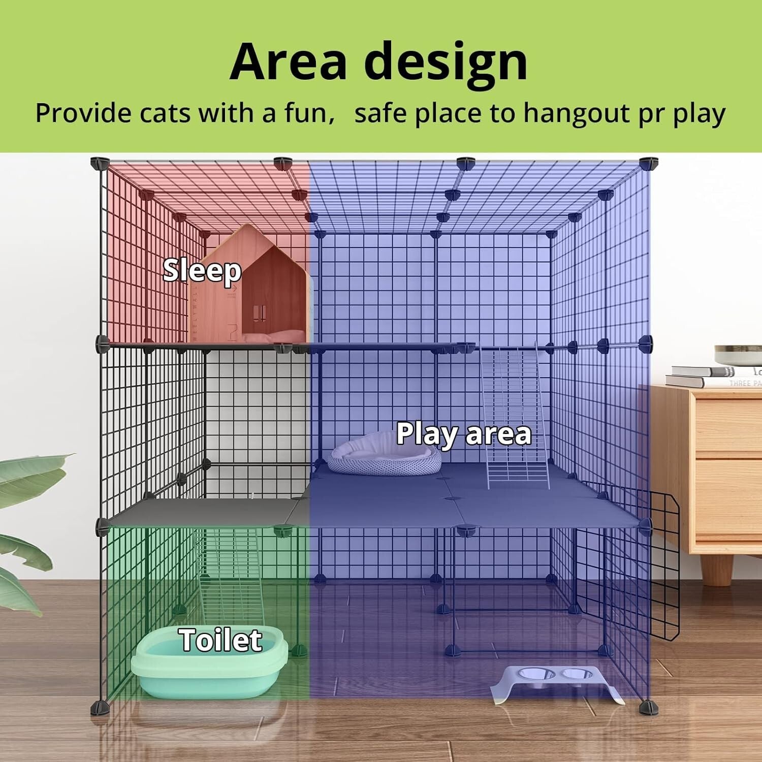 Detachable Indoor Cat Crate - 41” Playpen for 1-4 Cats with Ramp & Organization