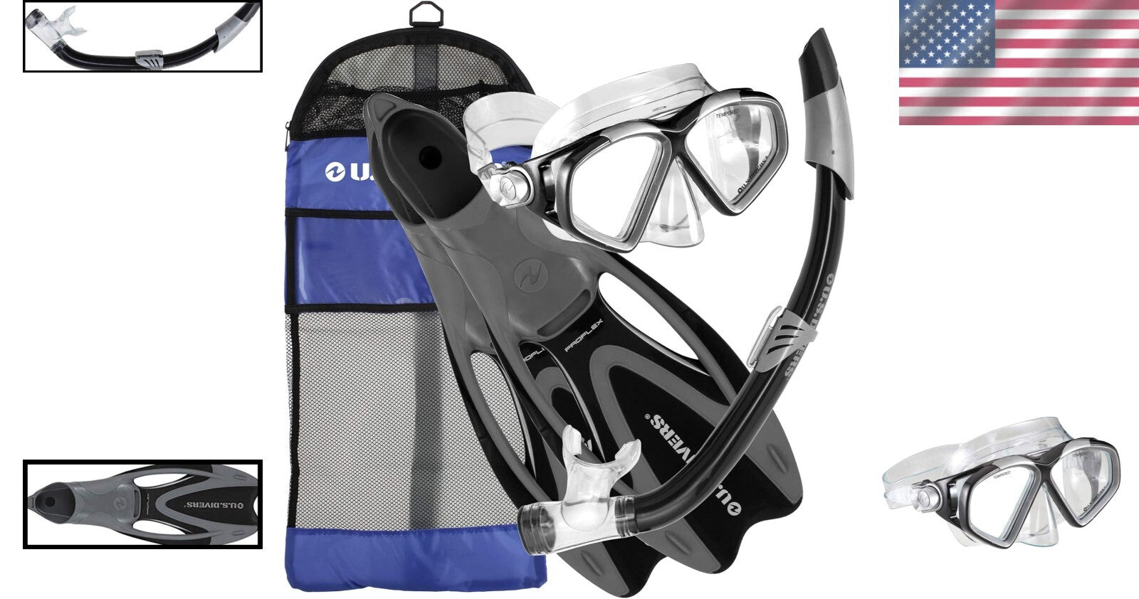 Premium Cozumel Snorkeling Mask, Seabreeze II Snorkel & Comfortable Fins
