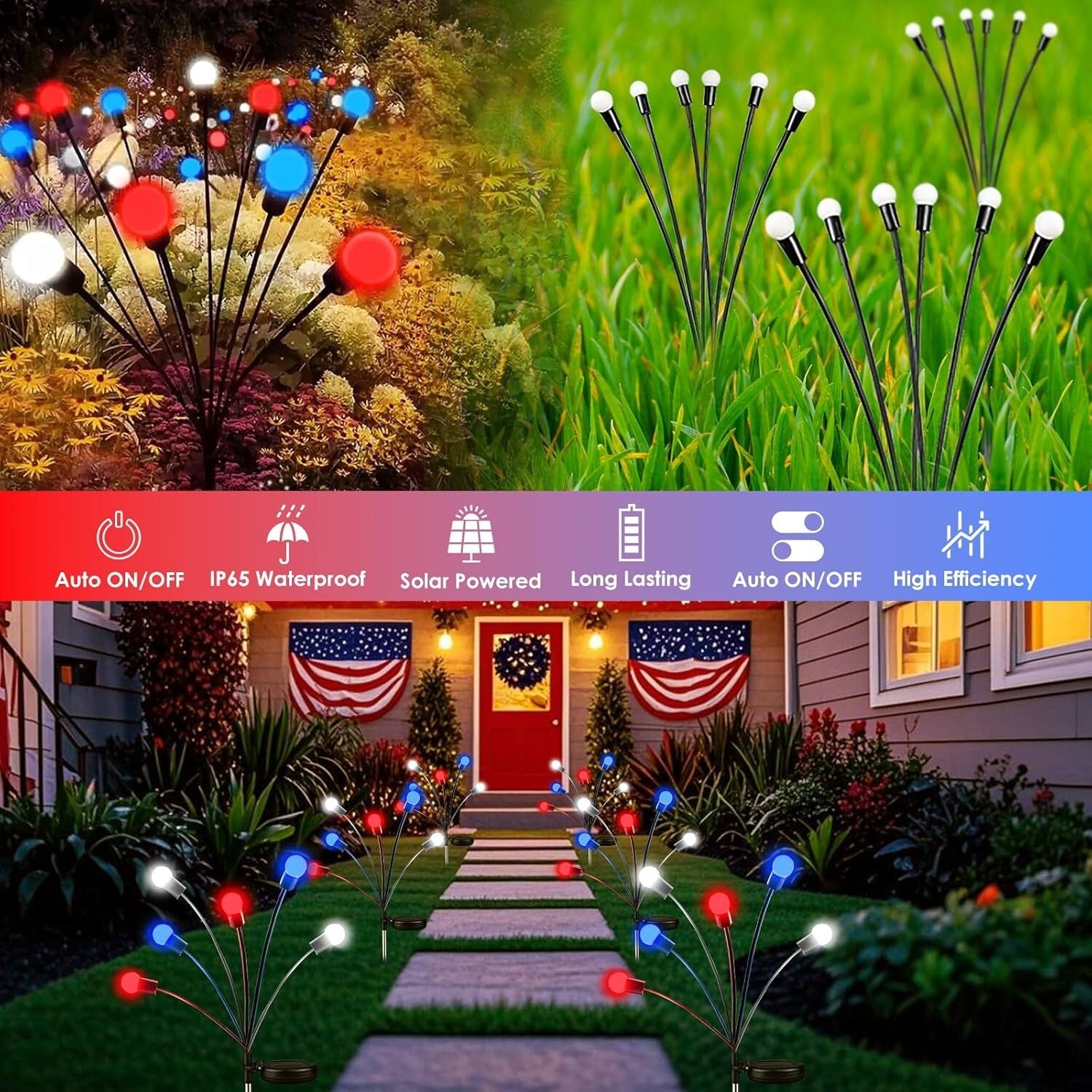 6 Pack Solar LED Firefly Lights - Perfect for Independence Day & Garden Decor