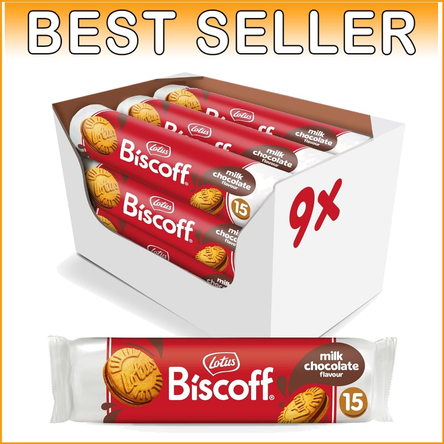 Indulge in Lotus Sandwich Cookies - Milk Chocolate Cream, 15 Cookies x 9 Packs