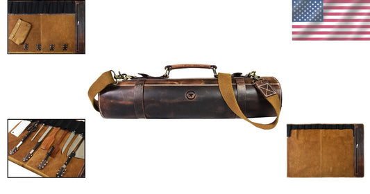 Artisan Crafted Leather Knife Roll with Adjustable Strap & 10 Elastic Pockets