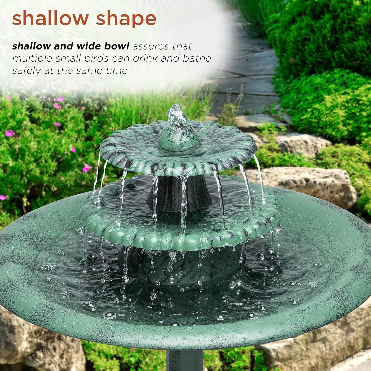 Elegant 3-Tier Pedestal Water Fountain & Birdbath, 35" Green Outdoor Feature
