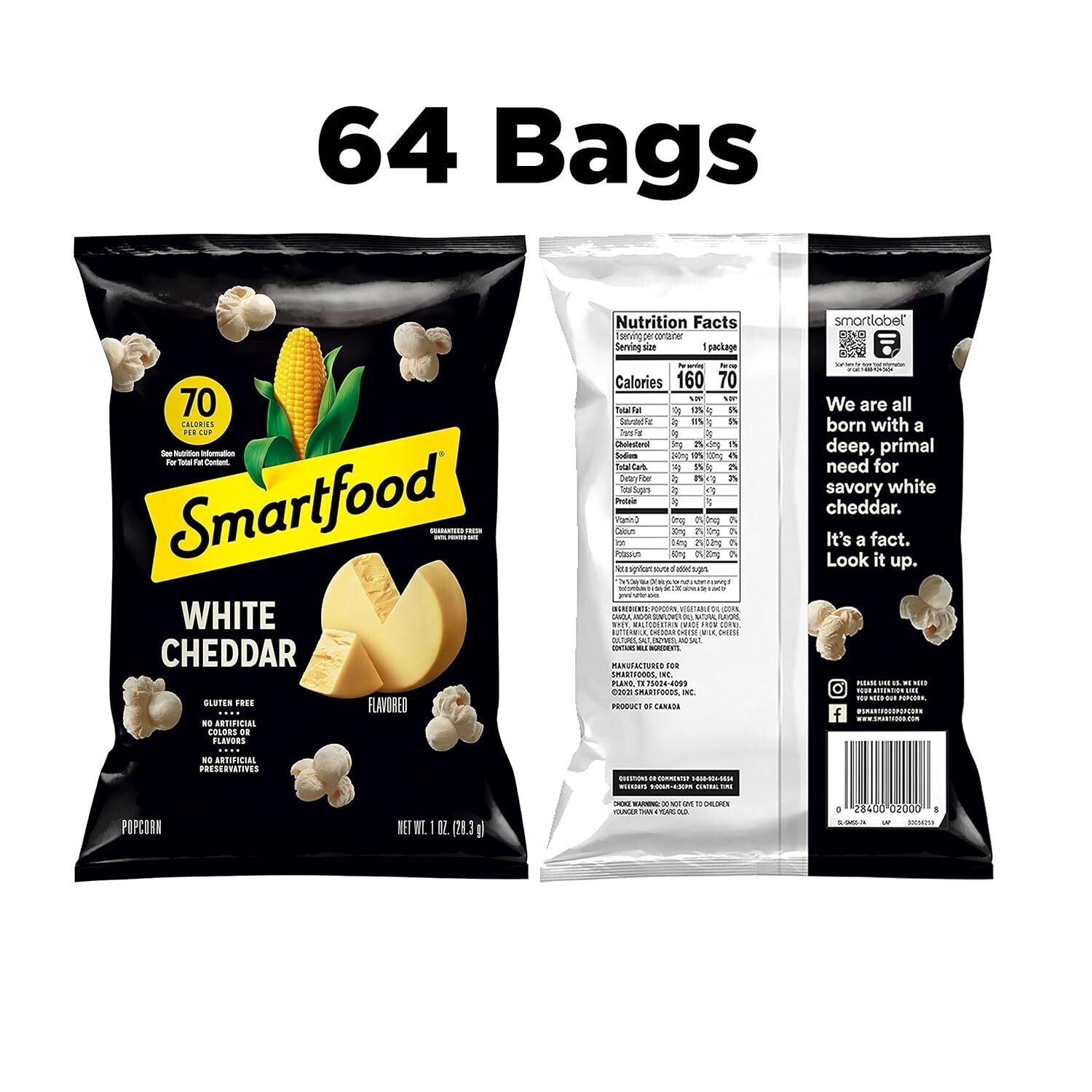 1 Ounce Pack of 64 White Cheddar Popcorn Bags - Perfect for Travel Snacking