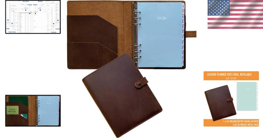 2025-2026 Leather Planner, A5 Refillable Organizer with Extra Storage Pockets