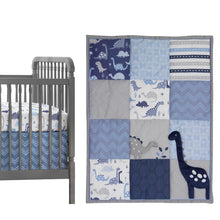 Load image into Gallery viewer, Modern Dinosaur Crib Bedding Set, 3 Pieces with Quilt and Dust Ruffle, Blue/Gray
