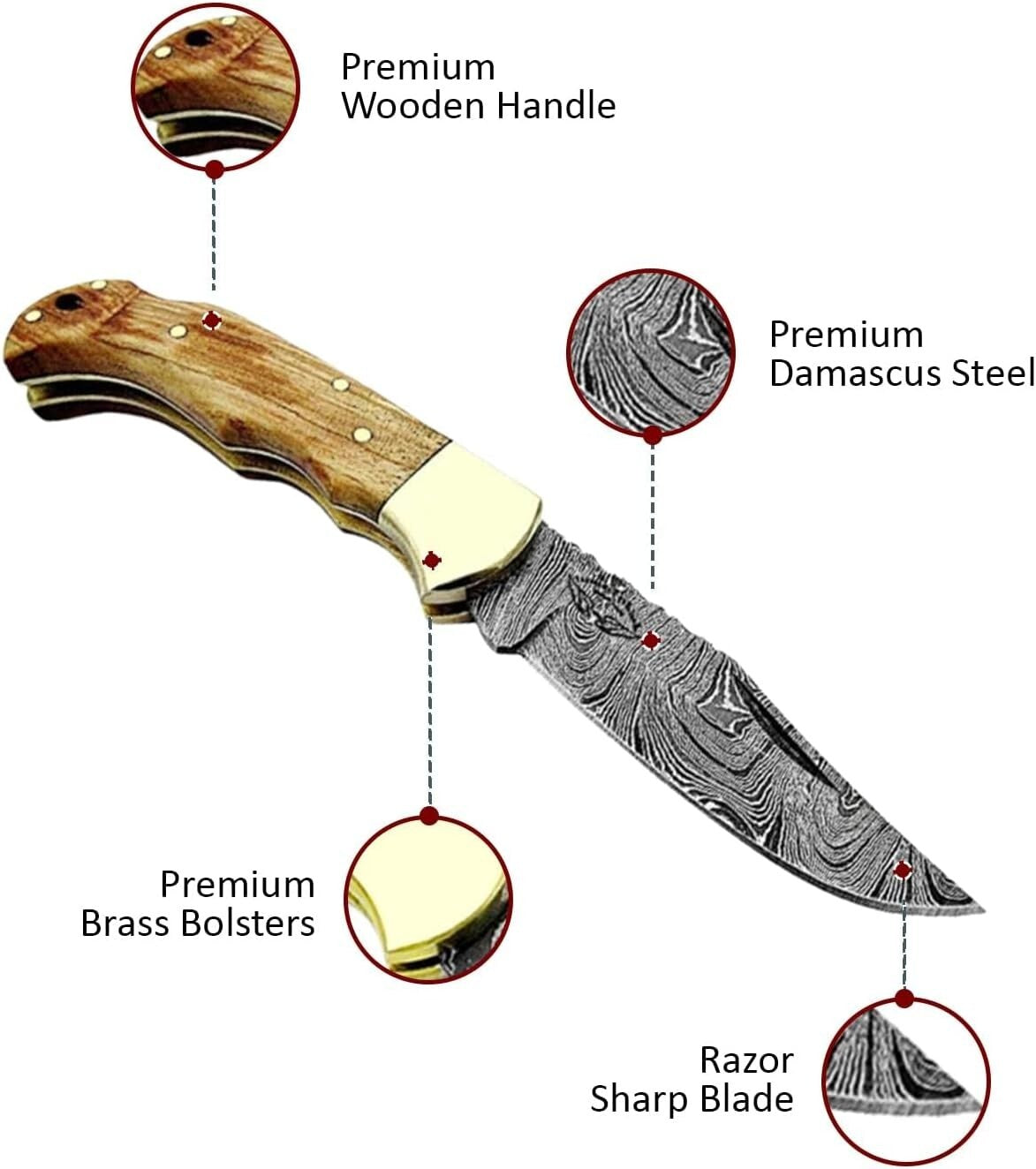 Handcrafted Damascus Steel Folding Knife with Leather Sheath - A Collector's Gem