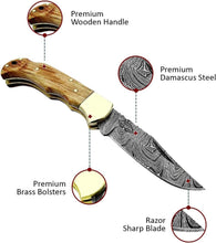 Load image into Gallery viewer, Handcrafted Damascus Steel Folding Knife with Leather Sheath - A Collector's Gem