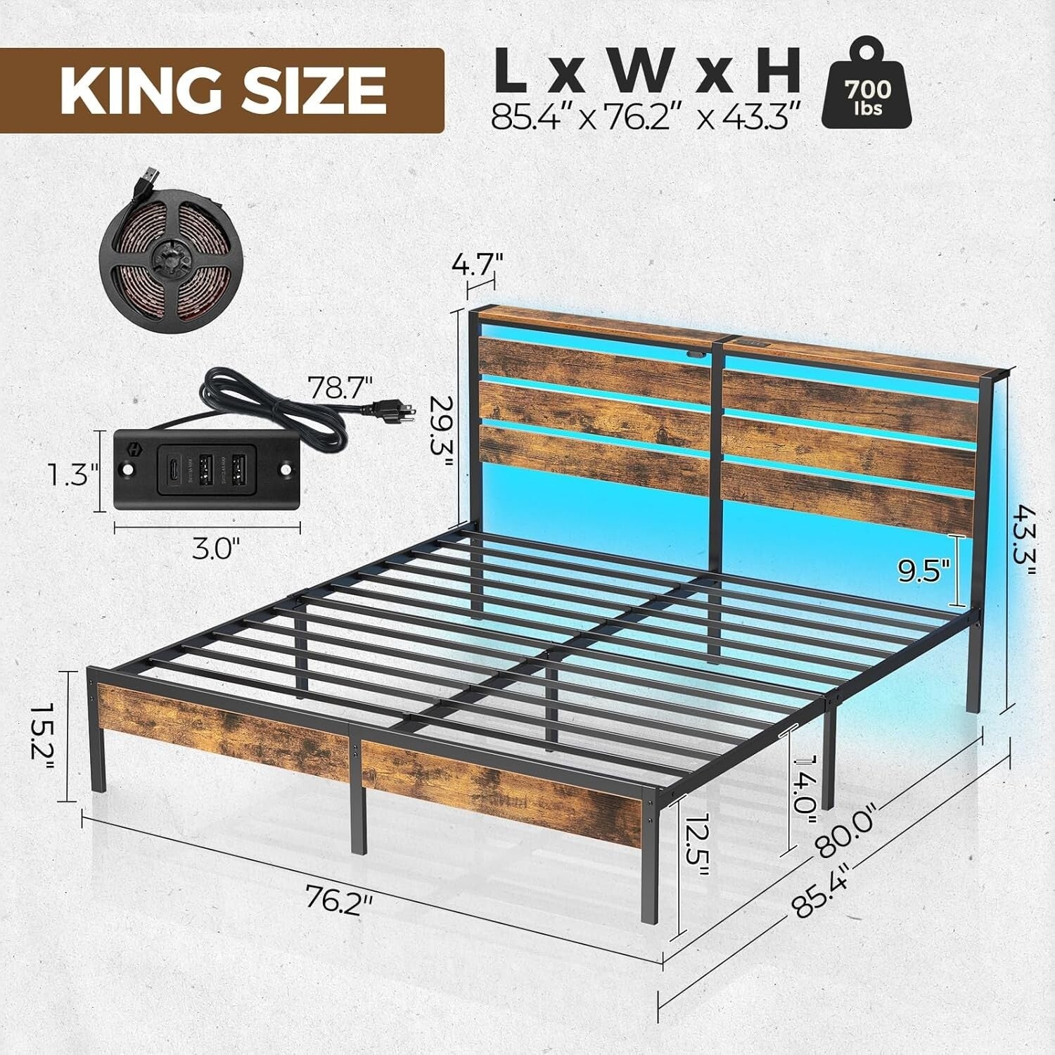 Multi-Functional King Bed Frame with USB Ports, LED Lights & Storage Solutions