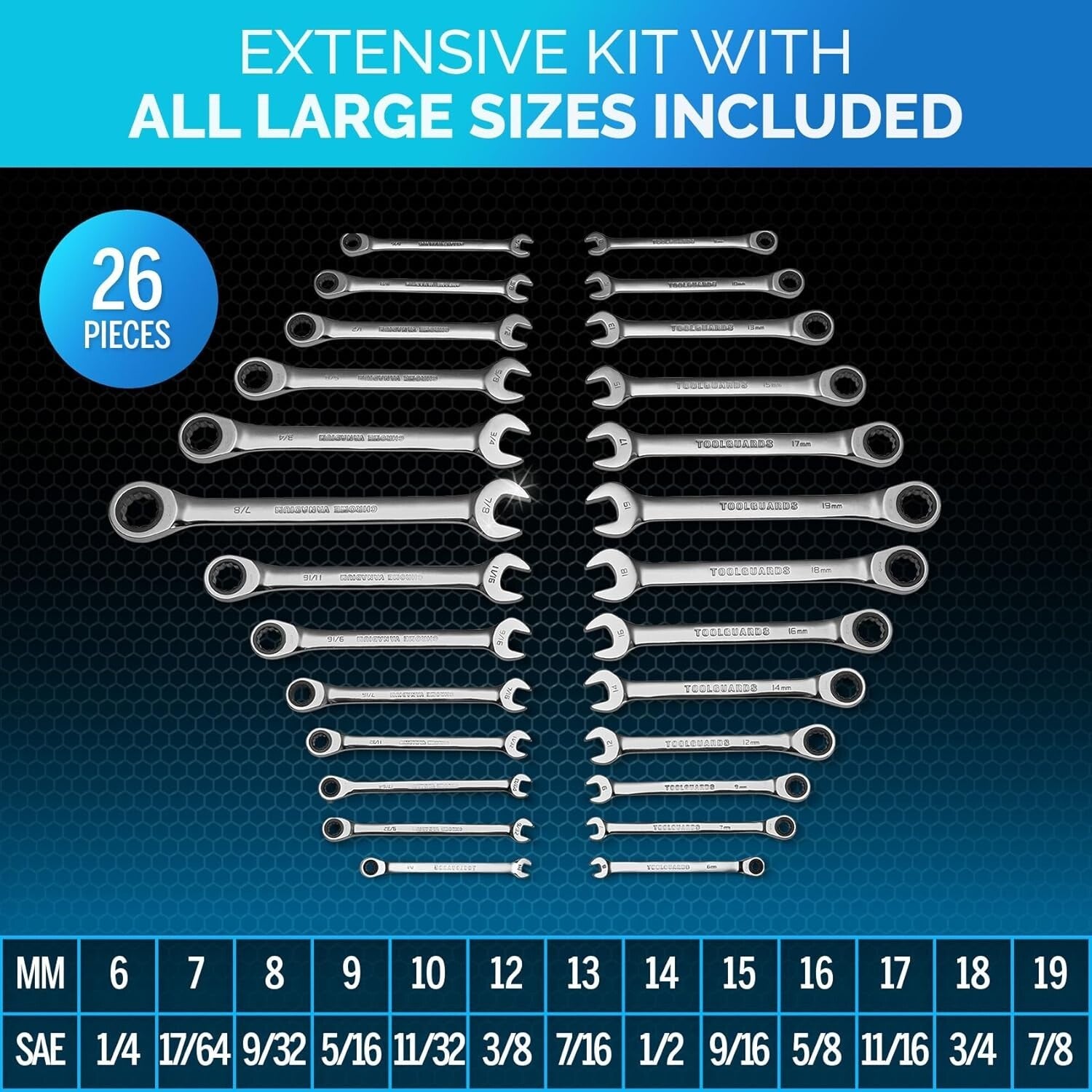 Durable 26-Pc Chromed Ratchet Wrench Set - Organized Storage with Rack Included