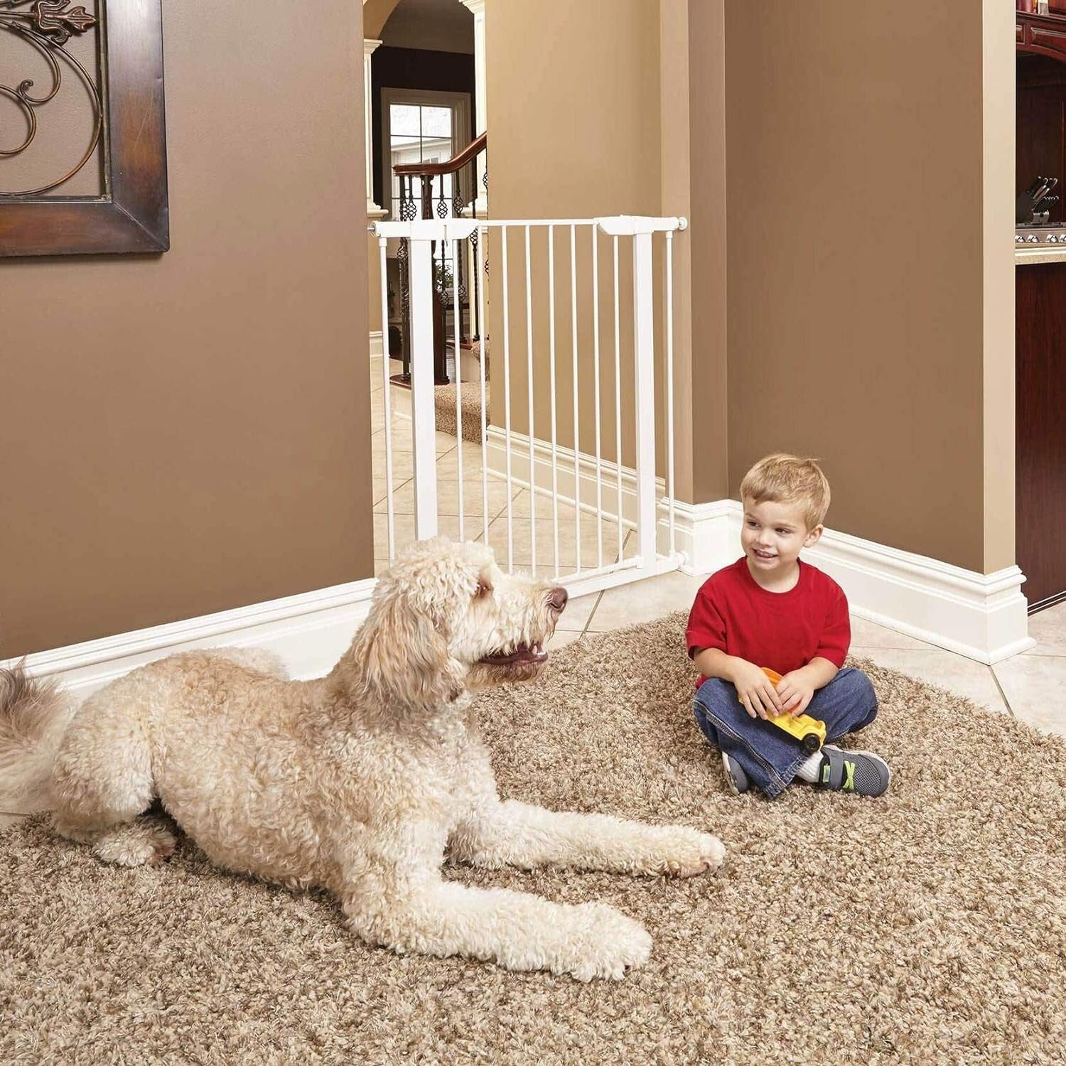 Elegant 39-Inch Tall White Steel Pet Gate - Pressure Mounted for Easy Install