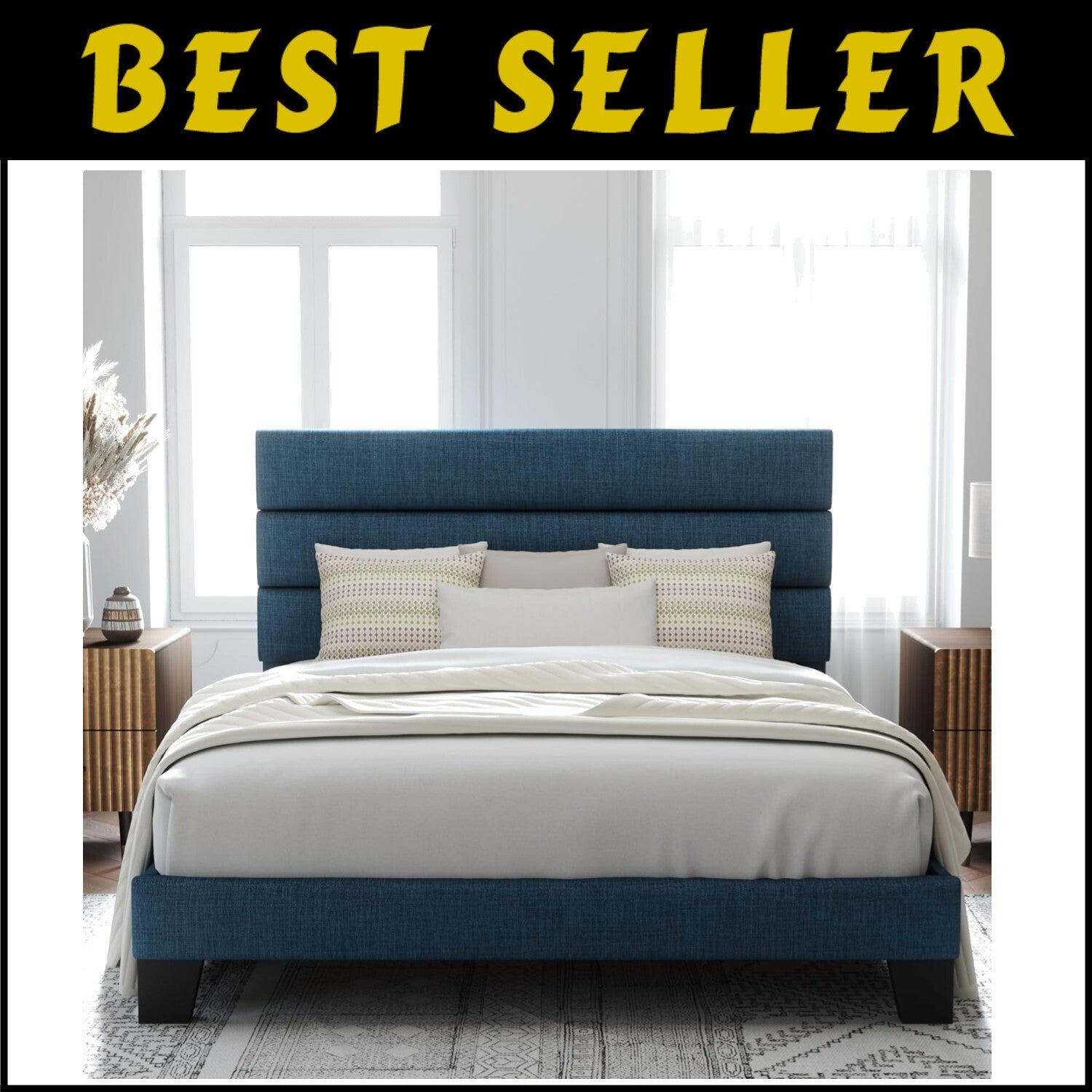 Elegant Navy Blue Full Size Bed Frame with Fabric Headboard - 800 lbs Capacity