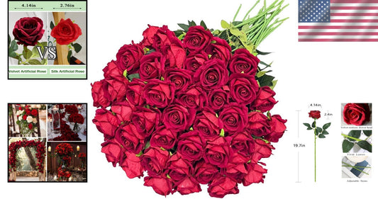 50PCS Velvet Artificial Roses - Realistic Long Stem Faux Flowers for Weddings