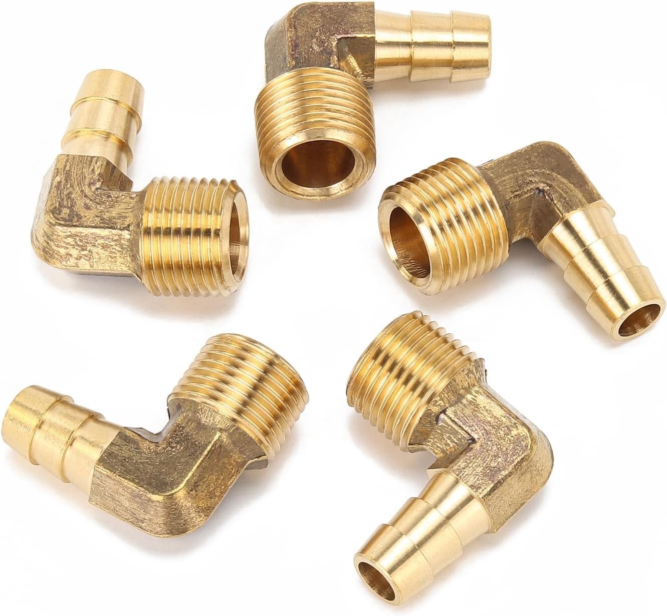 Durable 90° Brass Barb Elbow Hose Fitting, 3/8" ID X 3/8" Male NPT - 200 Pack