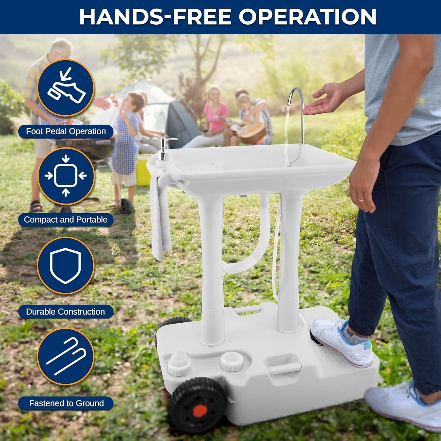 Freestanding Camping Sink with Wheels & Hands-Free Pump - Ultimate Convenience