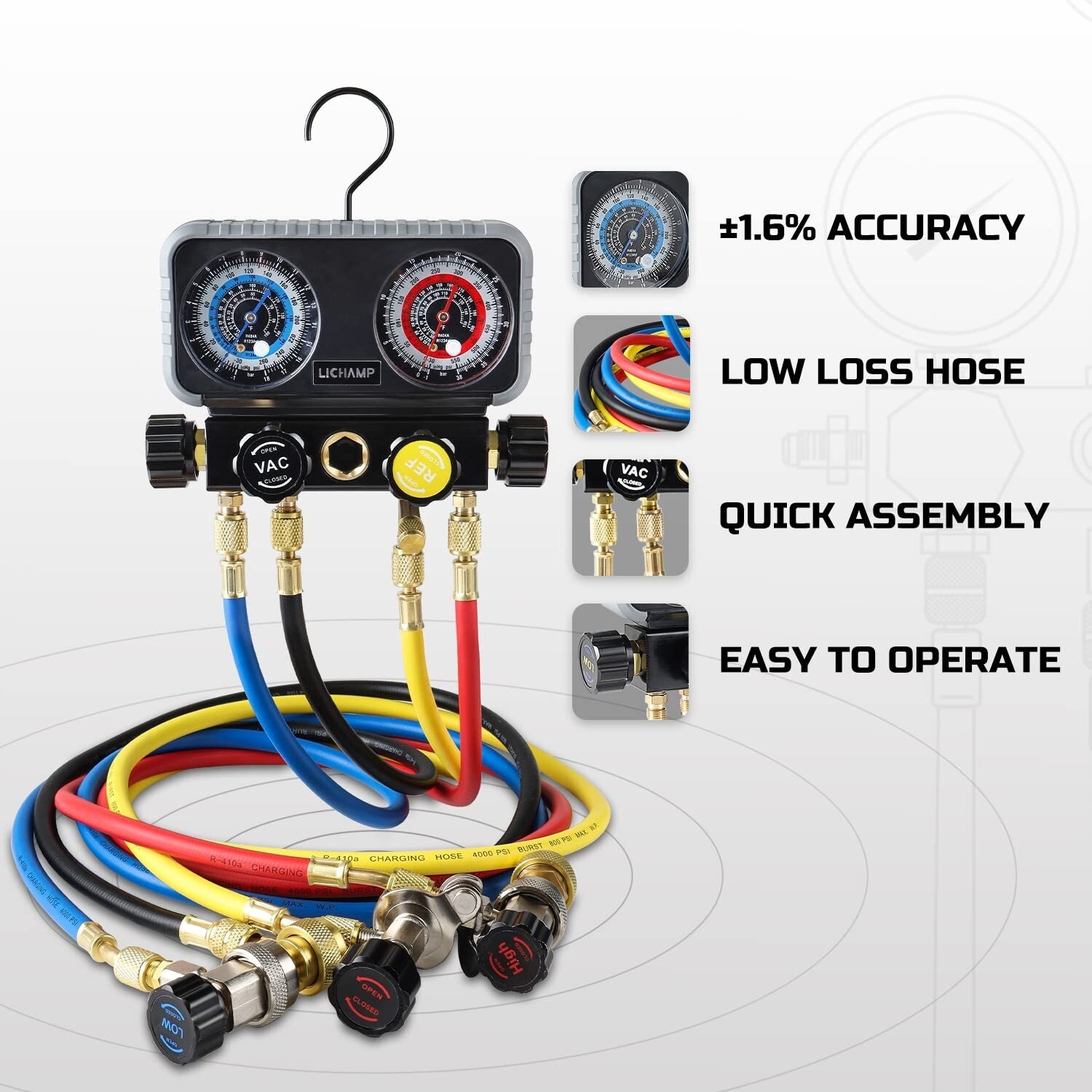 Automotive 4 Valve Manifold A/C Gauge Set – Complete with Essential Accessories