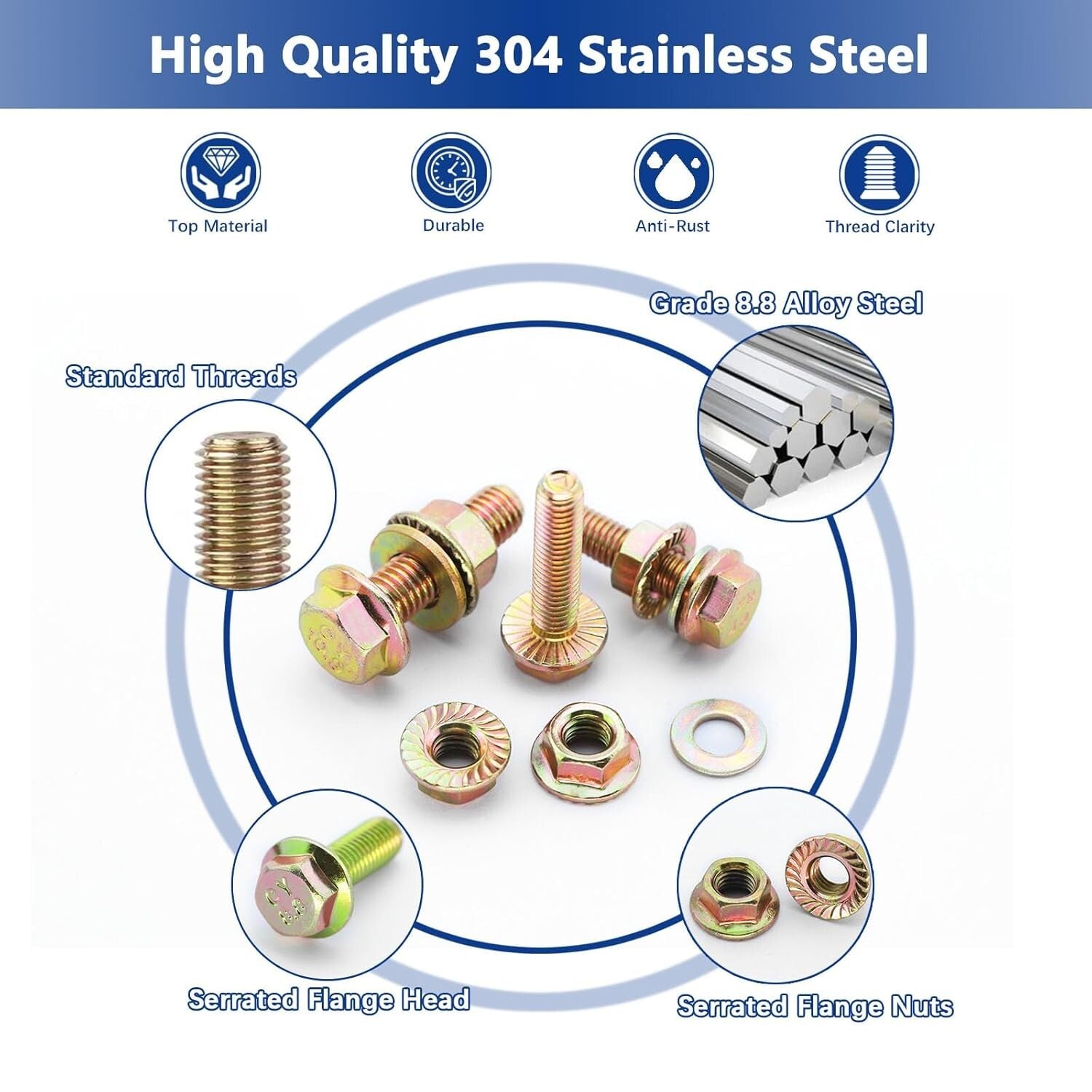 Complete 450PC Flanged Hex Head Bolt Set - Zinc Plated M6, M8, M10 Fasteners