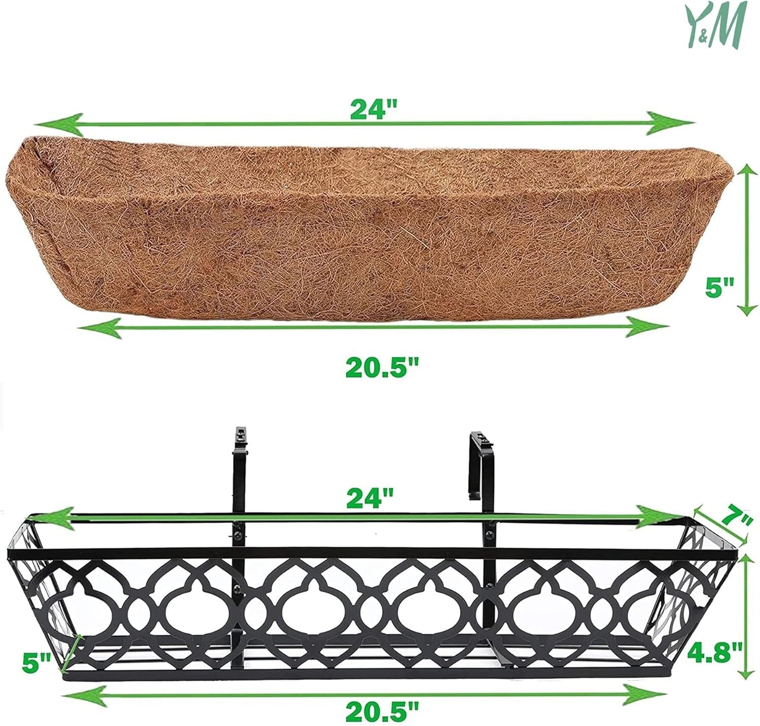 Durable 24 Inch Railing Planters - Black Metal with Coconut Coir Liners (4 Pack)