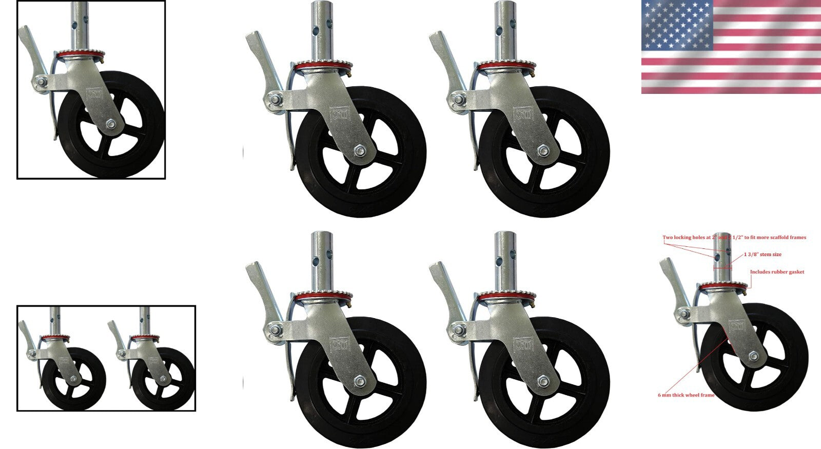 8" Caster Wheel Set for Scaffolding - 1100 lbs Load Rating with Double Brakes