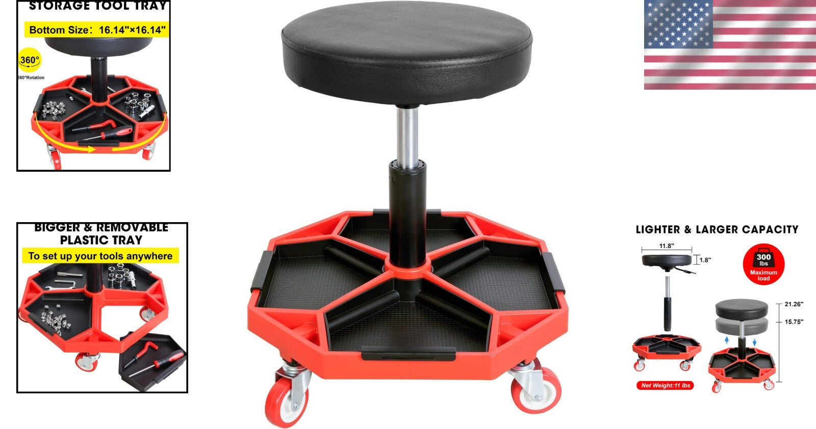Durable Pneumatic Rolling Mechanic Stool with Soft Vinyl Seat, 300 lbs Capacity