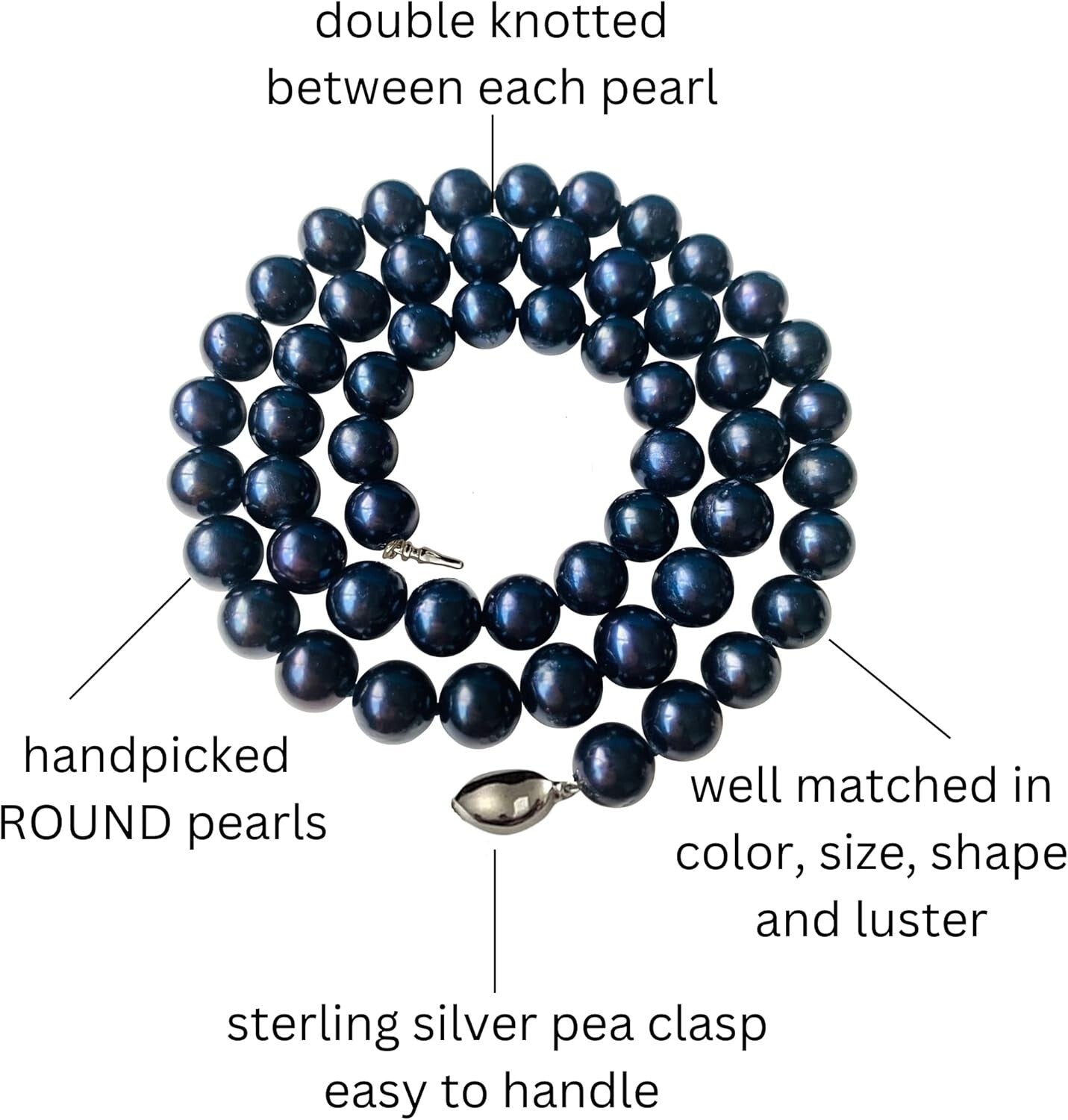 Double Knotted 16-Inch Black Pearl Choker with Sterling Silver Clasp, Gift-Ready