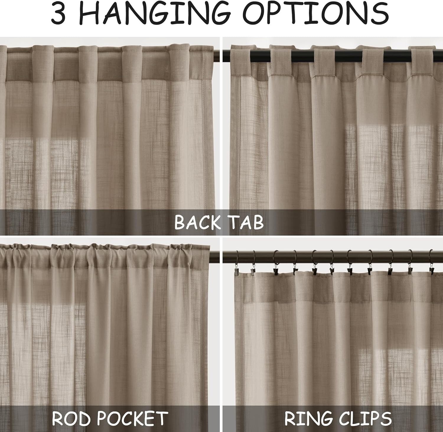 Classic Light Taupe Semi-Sheer Curtains for Bedroom & Living Room - 2 Panels