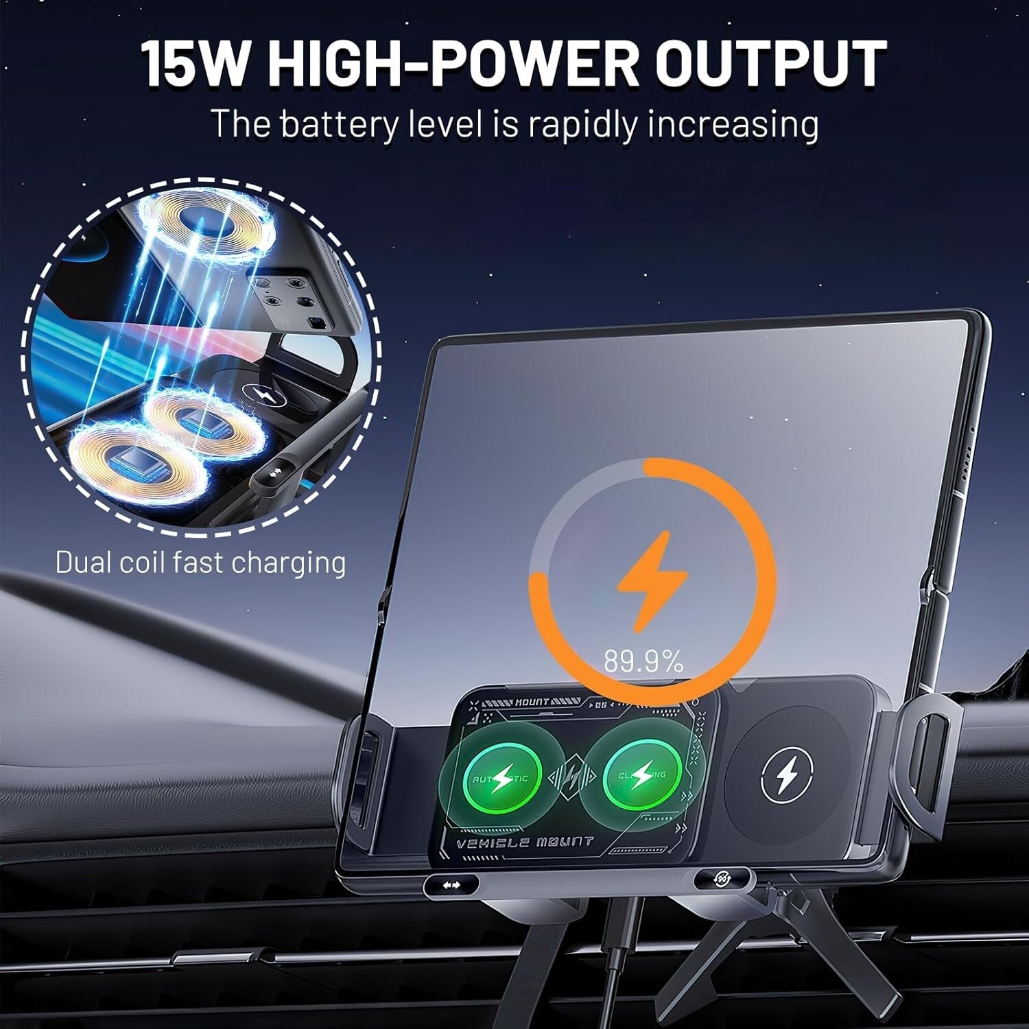 15W Wireless Car Charger and Auto Rotating Phone Holder - Magnetic Mount Black