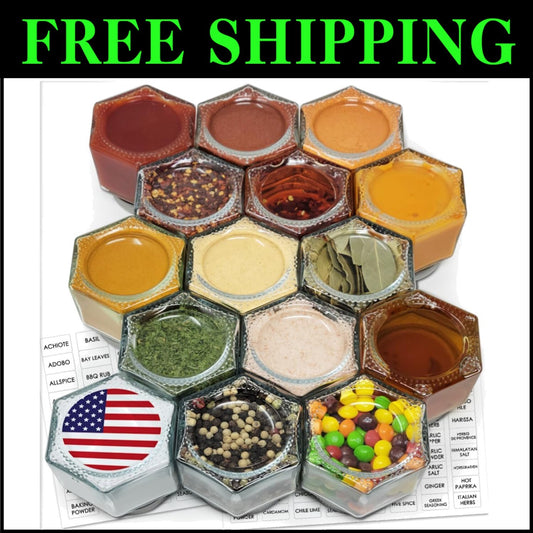 Airtight Magnetic Spice Containers - 4oz Hexagon Jars with Labels and Shakers