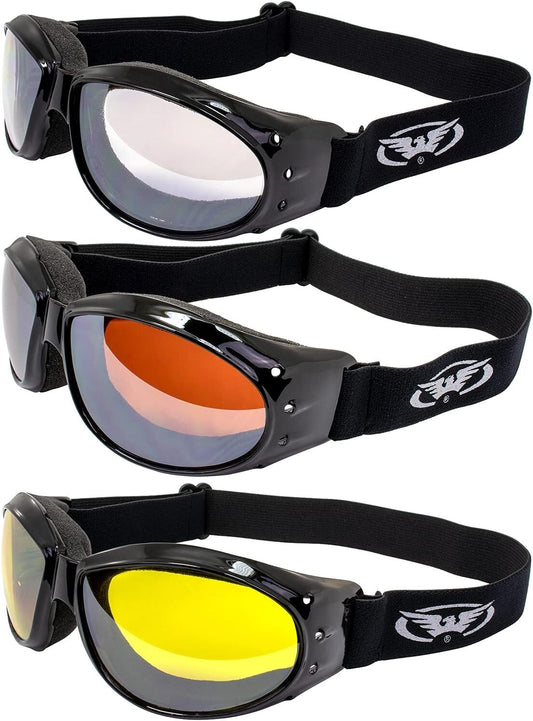 Lightweight Motorcycle Goggles with Clear Mirror & Driving Lenses - 3 pcs