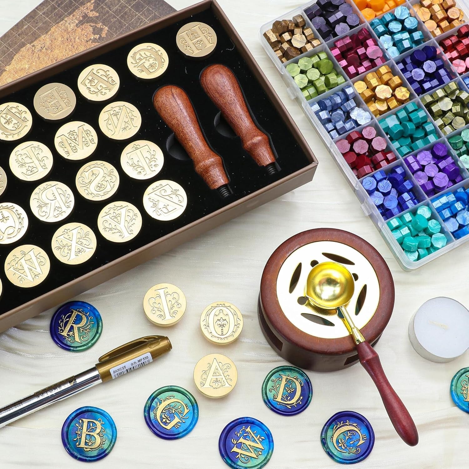 Elegant A-Z Wax Seal Set with 624 Beads & Warmer for Personalized Invitations