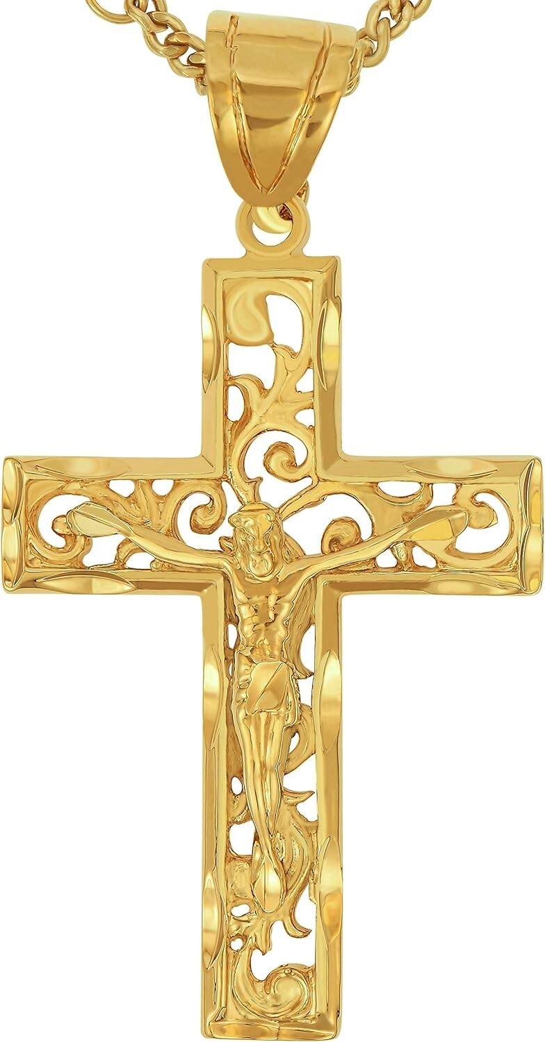 Elegant 24K Gold Plated Filigree Cross Necklace for Men & Women - Made in USA