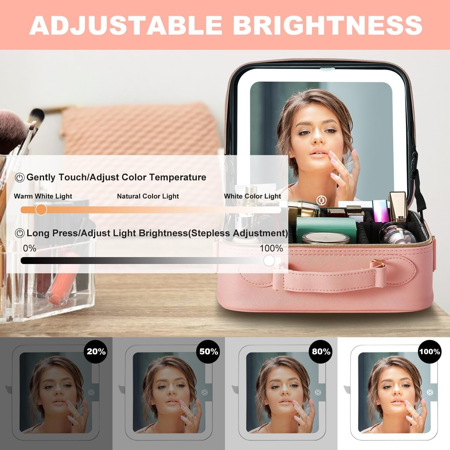 Elegant Travel Makeup Case with LED Mirror, 10X Magnifier & 8 Premium Brushes
