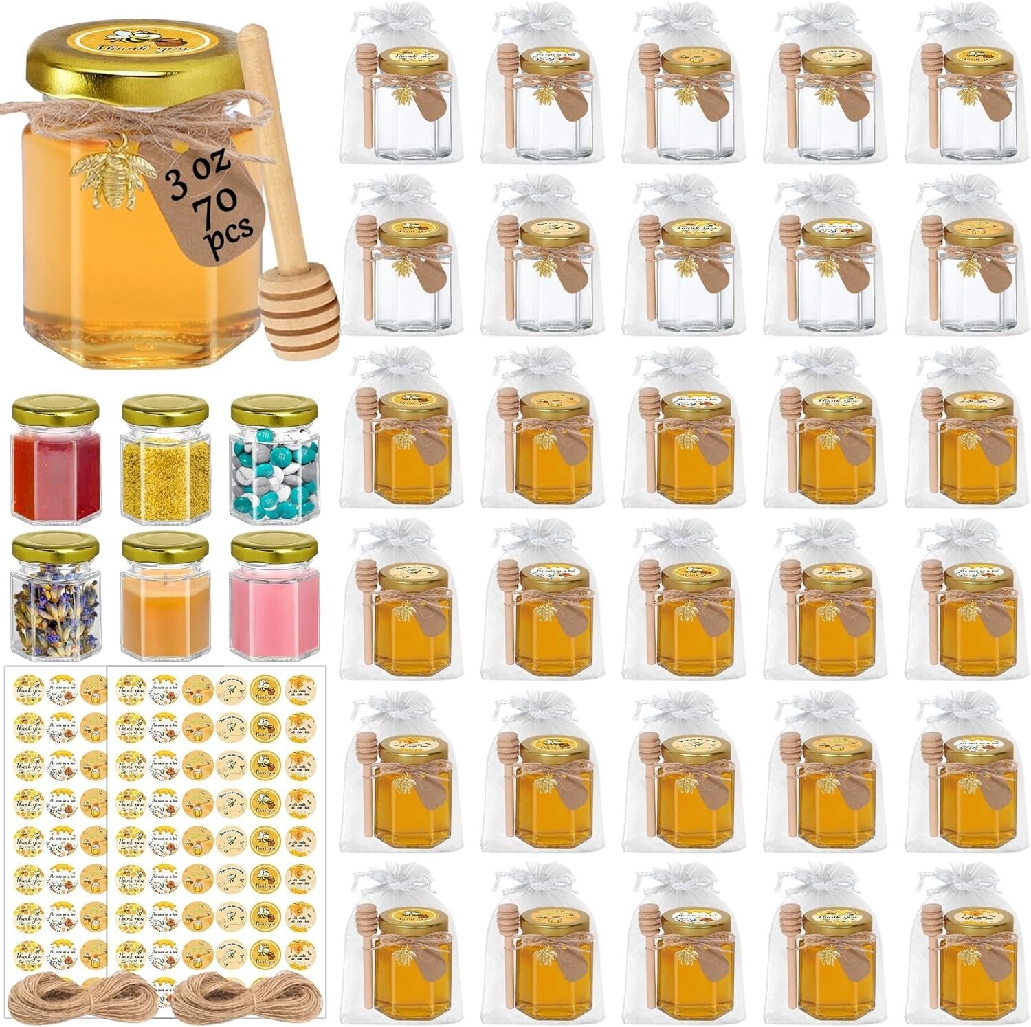 Bulk Set of 70 Beautiful Glass Honey Jars 3 oz with Lids & Customizable Stickers