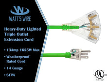 Load image into Gallery viewer, 100 ft Heavy Duty 14 Gauge Outdoor Extension Cord with 3 Outlets - Lighted SJTW