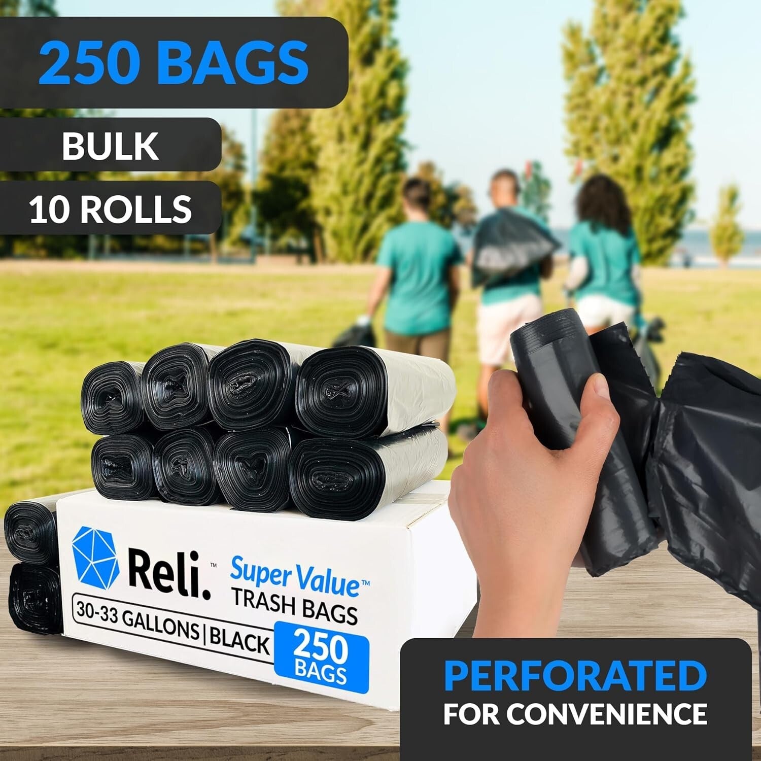 Extra Strong 33 Gallon Trash Bags - Black Plastic, 250 Heavy Duty Liners