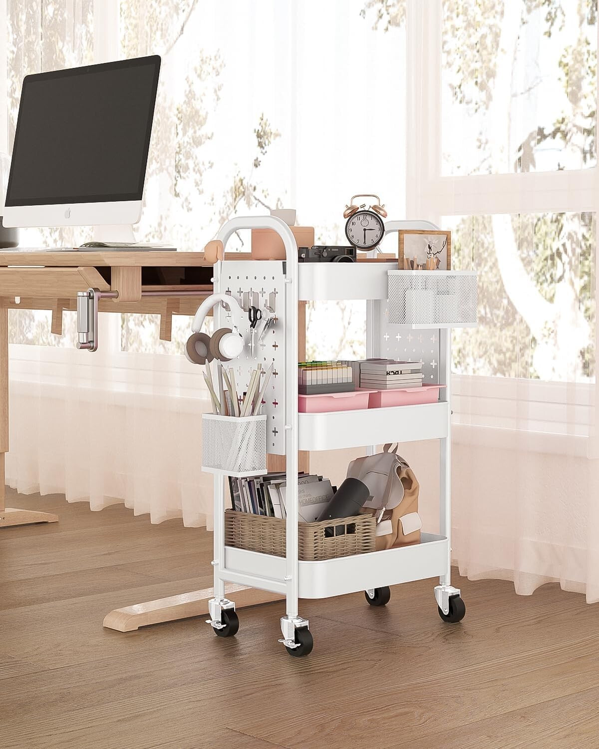 Durable 3-Tier Rolling Cart with Baskets & Hooks - Easy Assembly Required