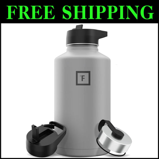 64 oz Vacuum Insulated Hydration Flask - Leak Proof, 3 Lids, Stainless Steel