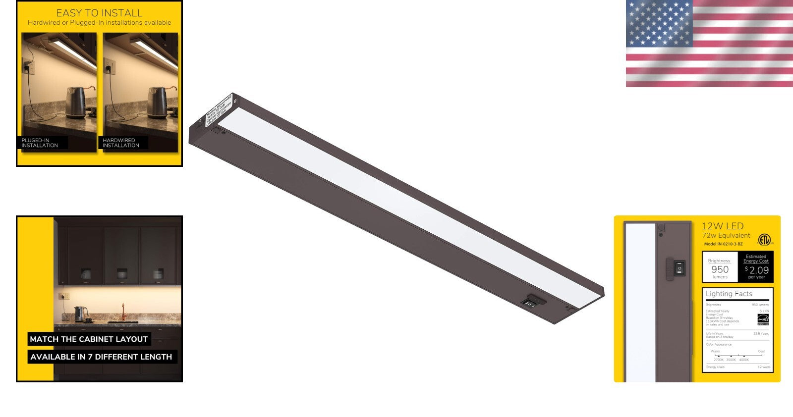 24-Inch Dimmable LED Under Cabinet Lighting in Bronze with 3 Color Settings